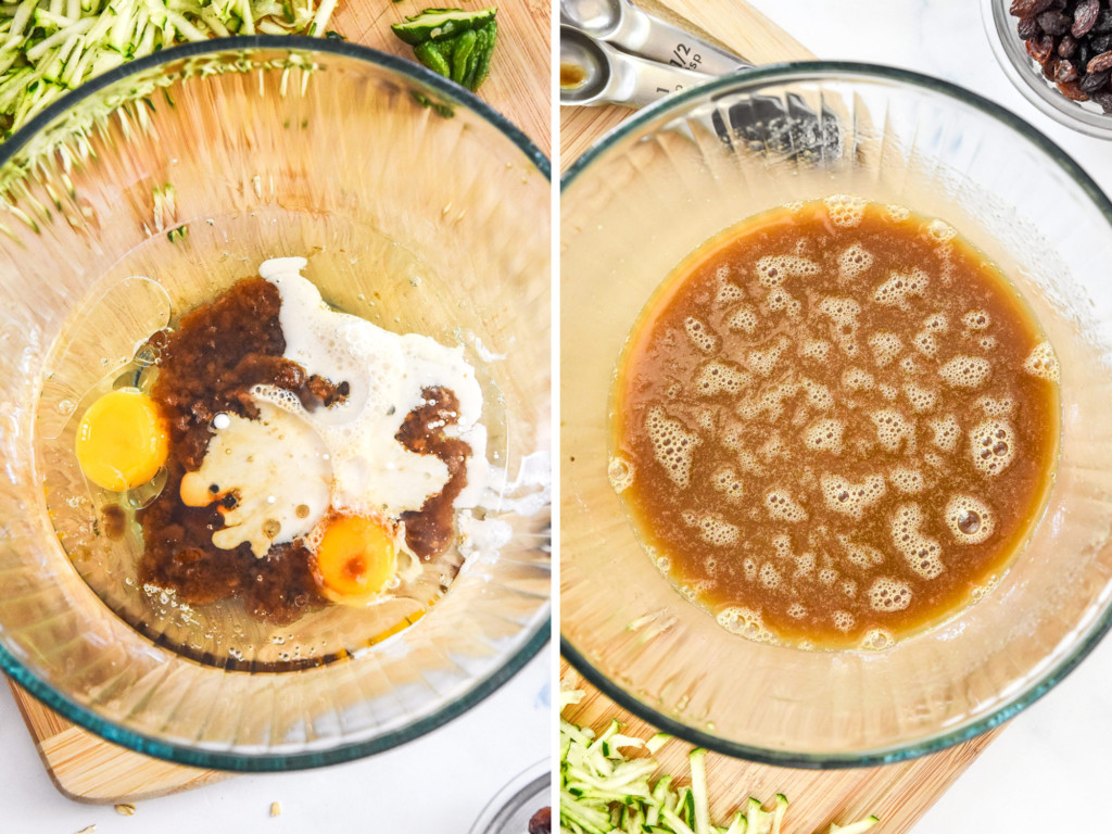 before and after mixing the wet ingredients together in a glass bowl for the zucchini coffee cake.
