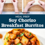pin image for meal prep soy chorizo breakfast burritos.