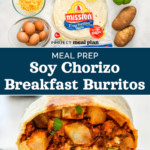 pin image for meal prep soy chorizo breakfast burritos.