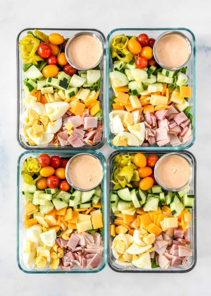 easy chef salad meal prep in rectangular glass containers.