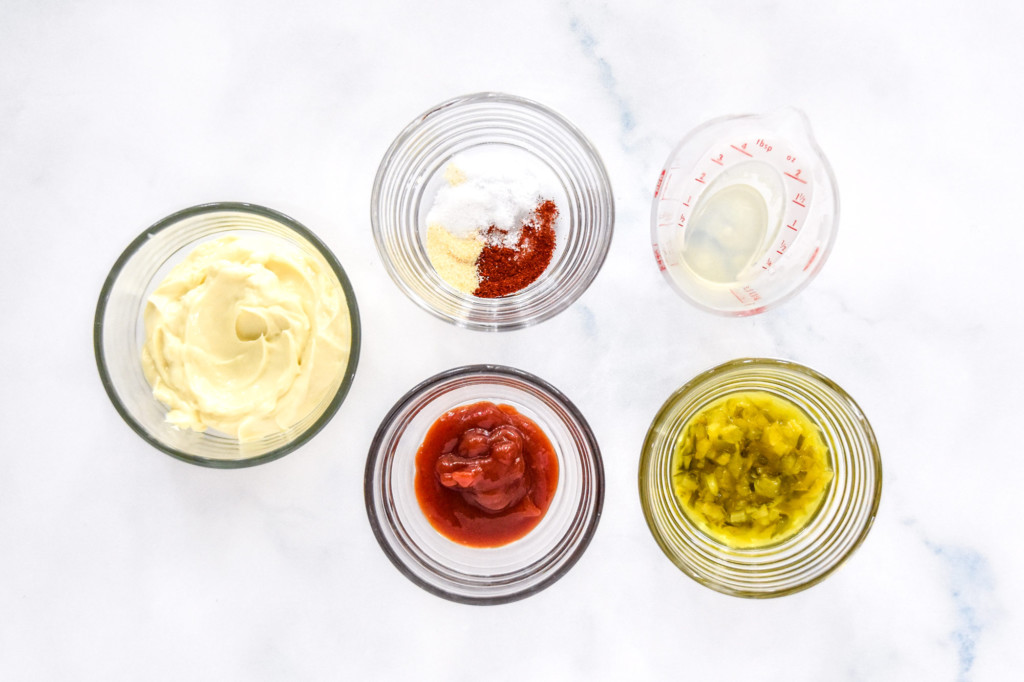 ingredients to make the salad dressing for the easy chef salad meal prep before mixing.