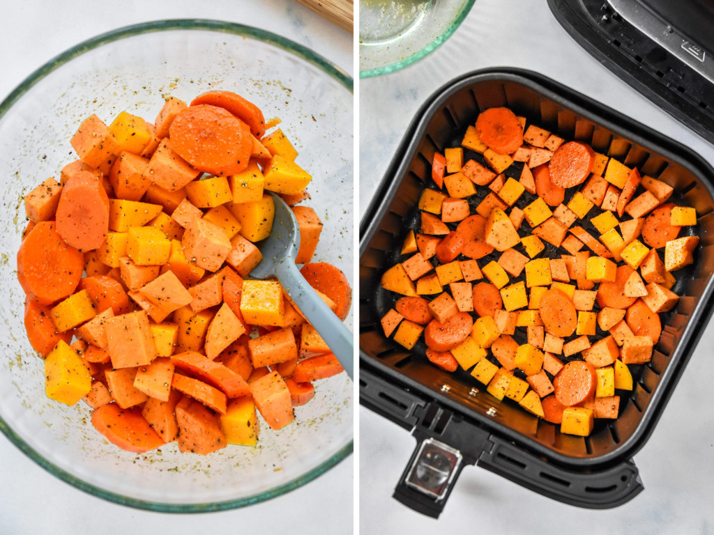 seasoned cut fall vegetables in a bowl and in the air fryer basket before cooking.