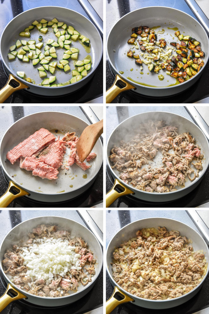 step by step of cooking the ground turkey zucchini orzotto on the stove.