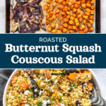 pin image with text for roasted butternut squash couscous salad.