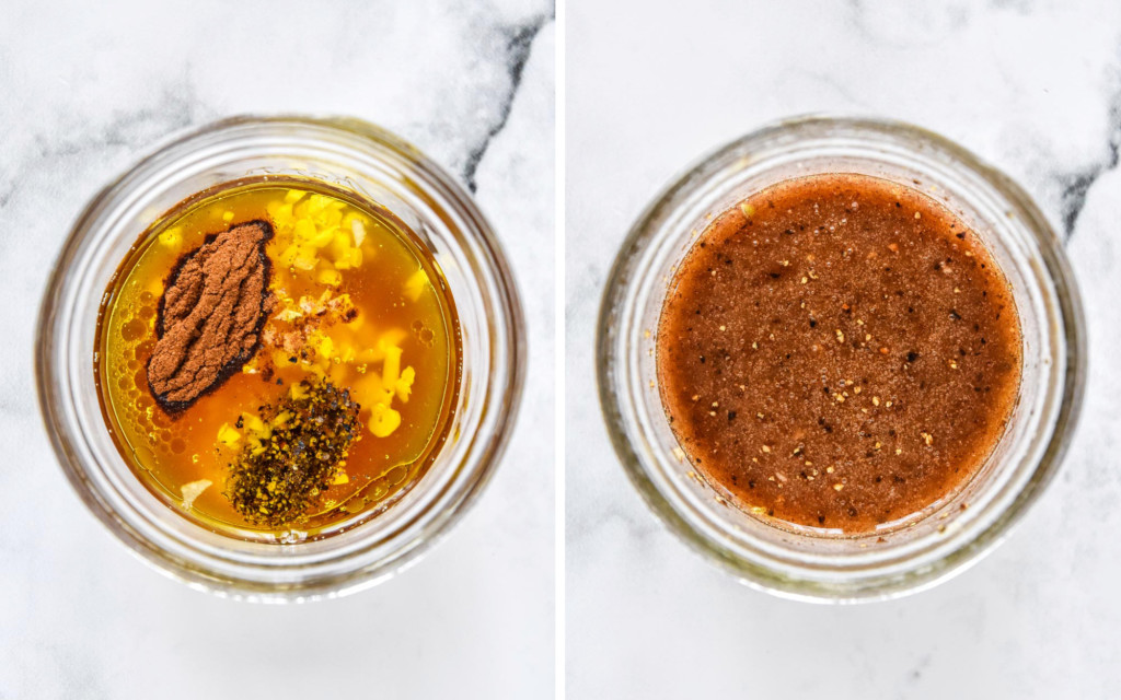 before and after mixing up the maple vinaigrette for the roasted butternut squash couscous salad.