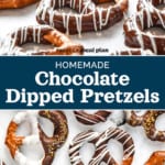 pin image for homemade chocolate dipped pretzels.