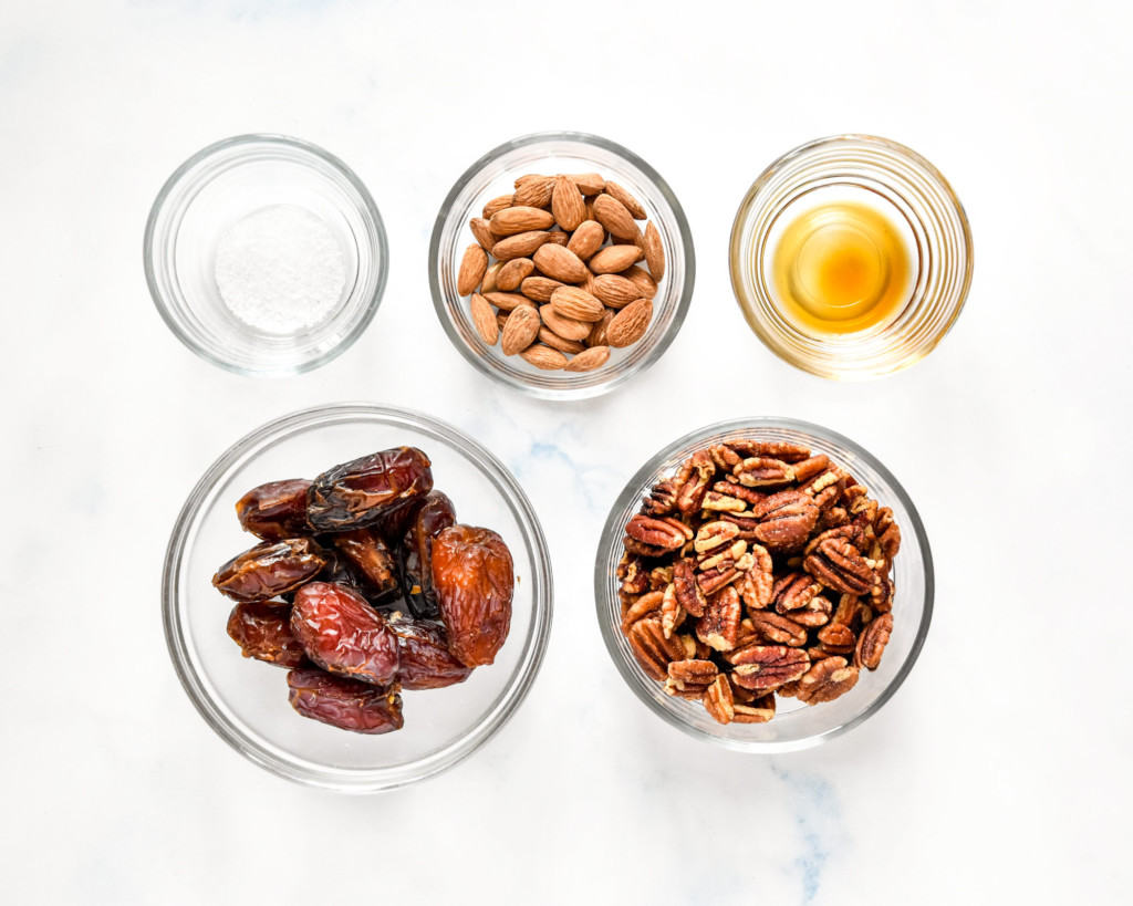 ingredients required to make the no-bake pecan pie date balls.