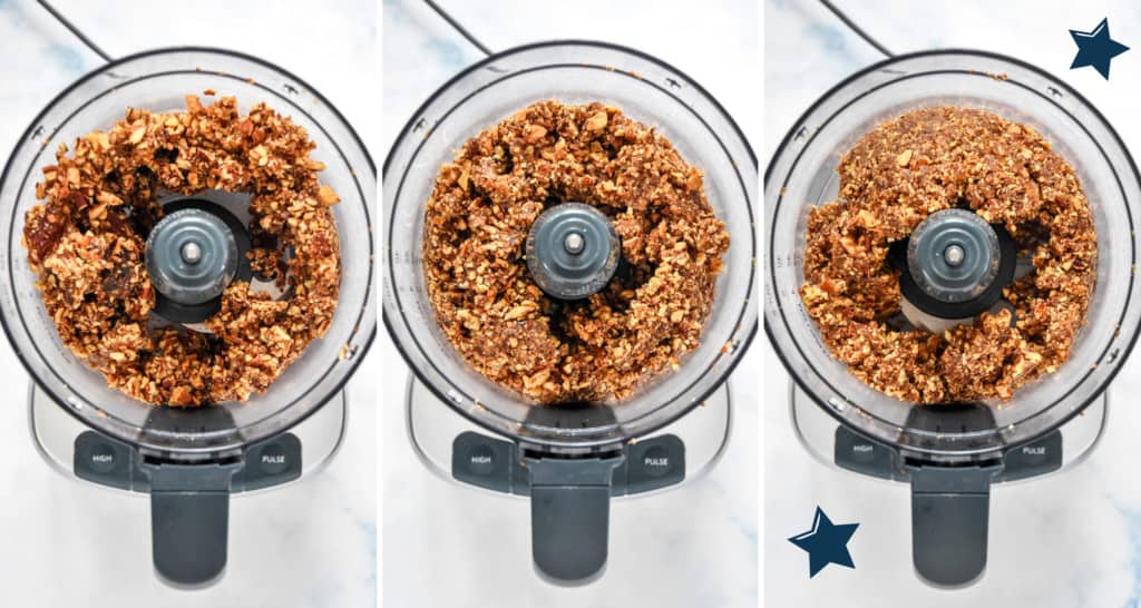 blending up the no-bake pecan pie date balls in a food processor.