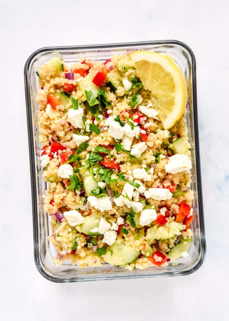 one portion of make-ahead quinoa party salad for an individual meal.