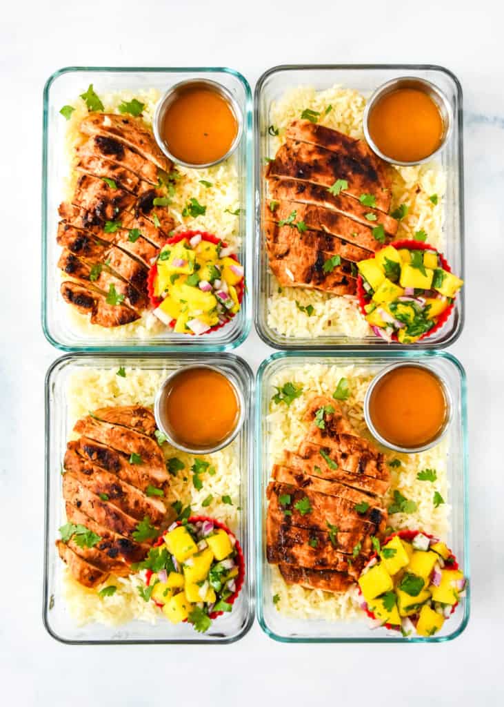 chipotle lime chicken meal prep bowls in glass containers.