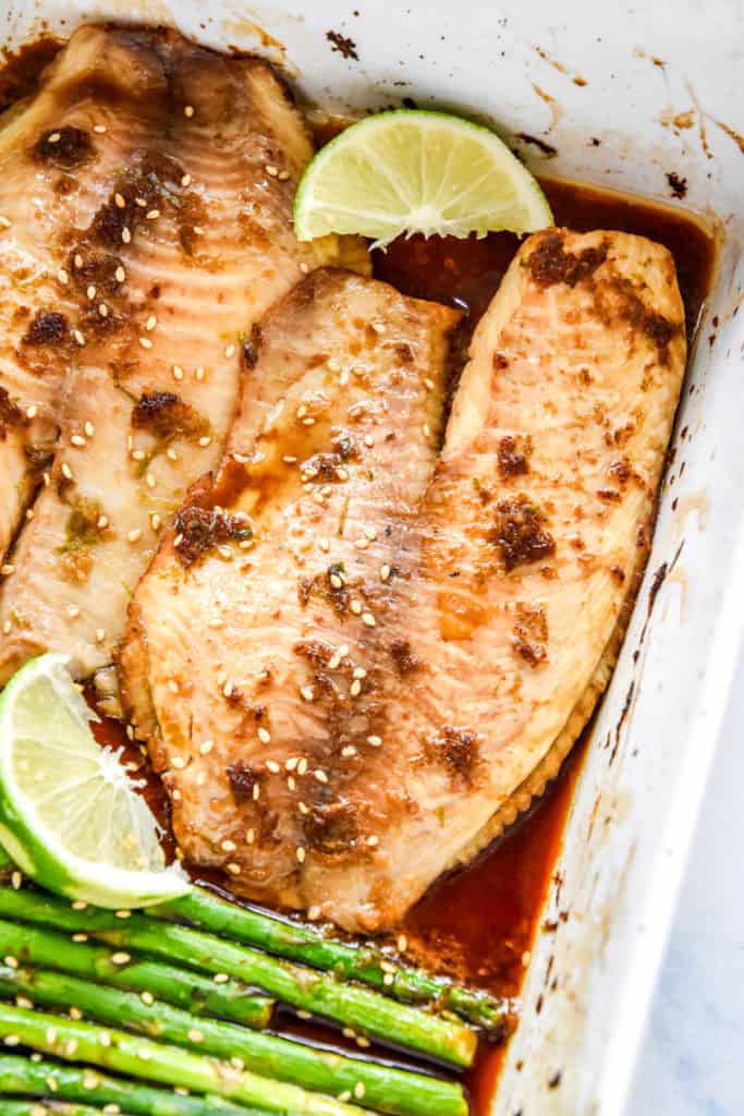 broiled fillets of tilapia in a soy lime ginger marinade.