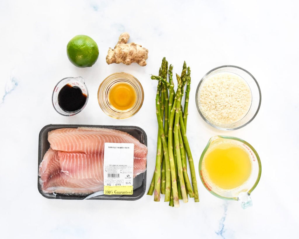 ingredients required to make baked tilapia and asparagus before starting the recipe.