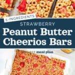 pin image with text for strawberry peanut butter cheerios bars.