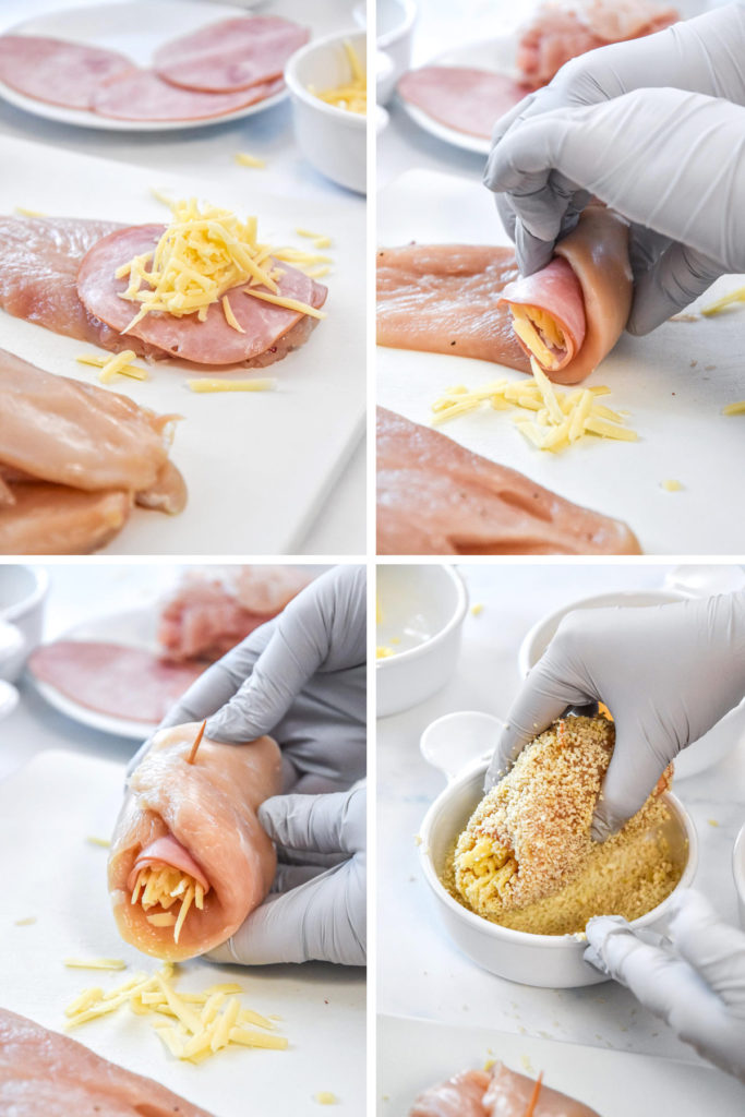 step by step of chicken breast being stuffed with ham and cheese then rolled up.