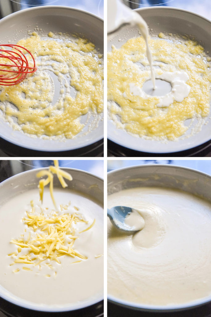 step by step of making cheese cream sauce for the chicken cordon bleu.
