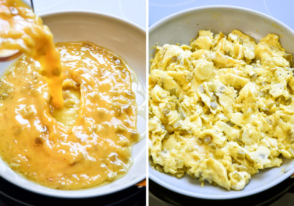 before and after cooking scrambled eggs on the stovetop.