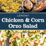 pin image with text for lemony chicken and corn orzo salad.