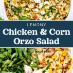 pin image with text for lemony chicken and corn orzo salad.