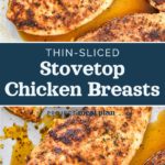 pin image with text for thin sliced stovetop chicken breasts.