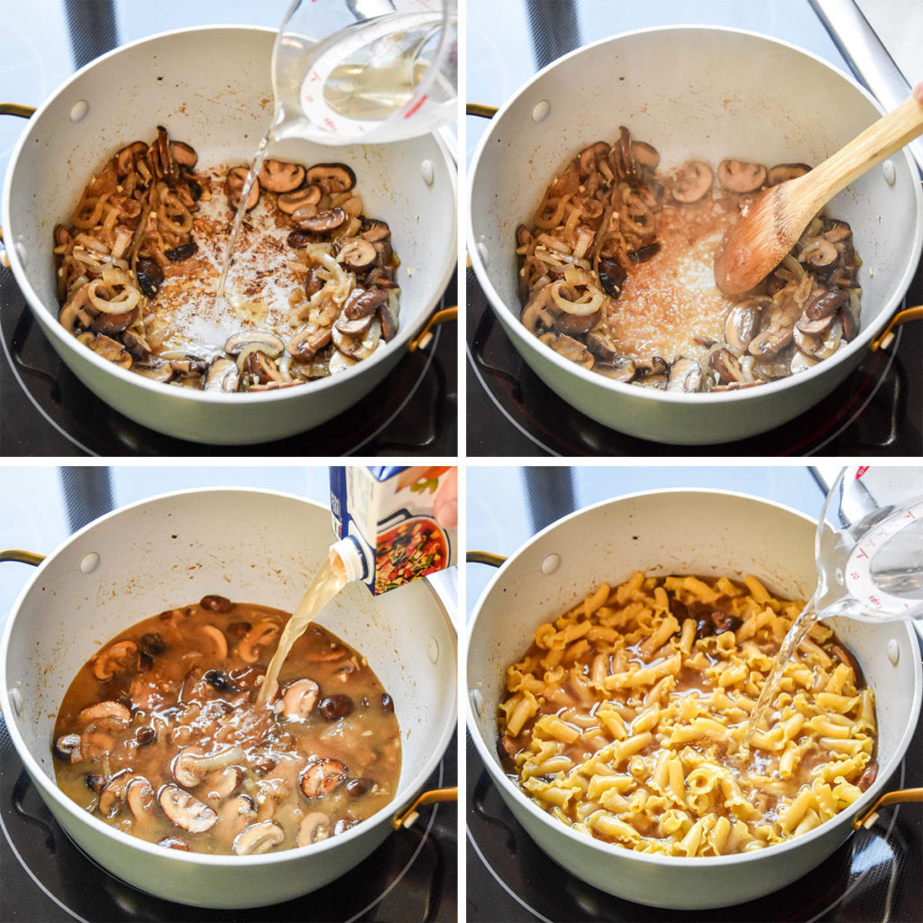 step by step of deglazing a pot after cooking mushrooms and onions.