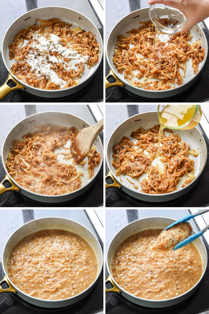 step by step of making onions sauce in a skillet on the stovetop.