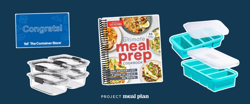 images of prizes for meal planning challenge including souper cubes, glass food containers, and cookbook.