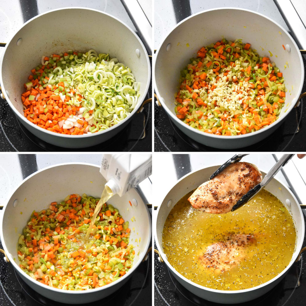 step by step of cooking vegetables for the white bean lemon chicken soup.