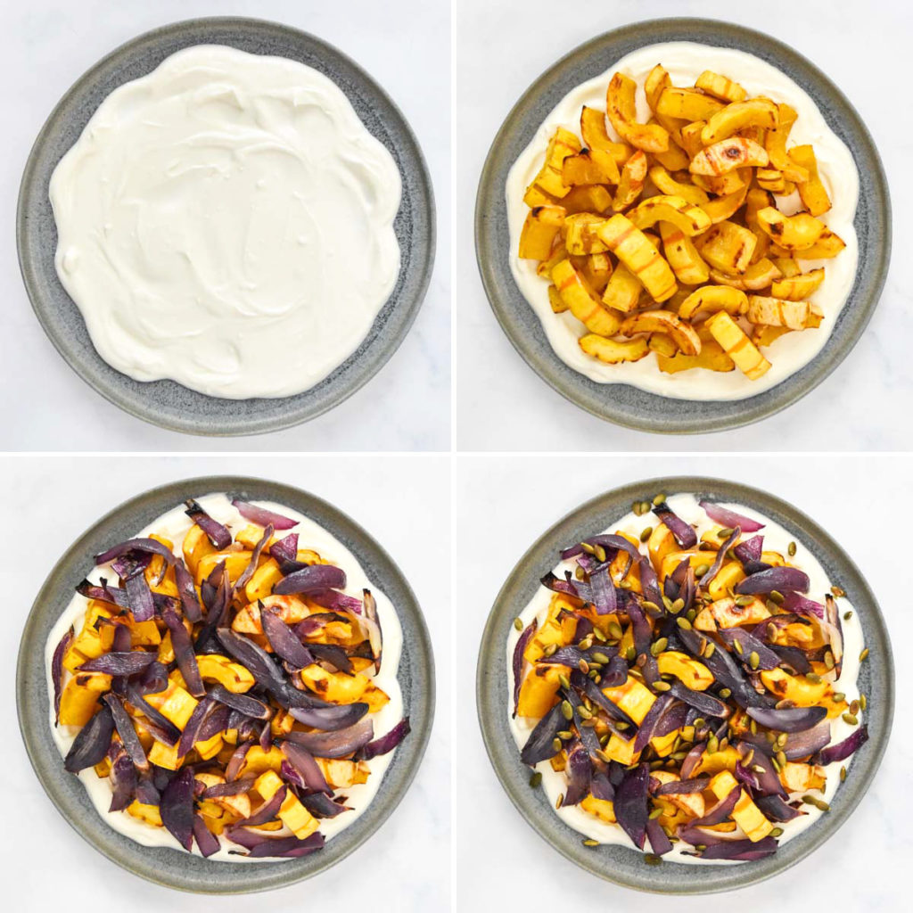 step by step of assembly of the roasted squash salad with whipped feta.