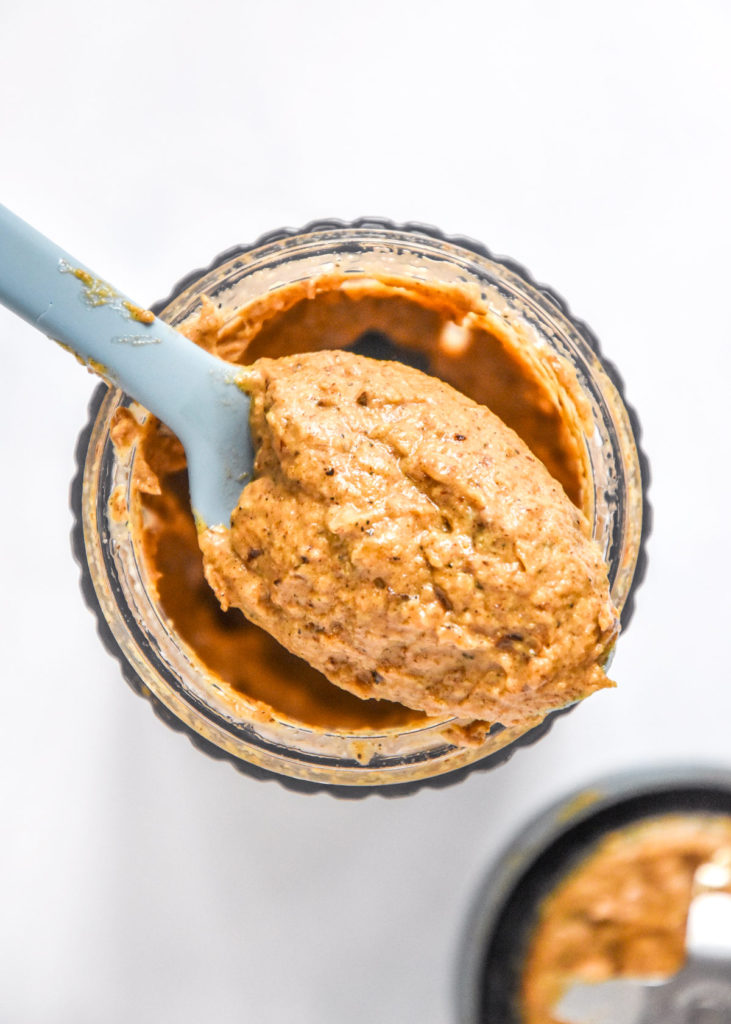 blended roasted onions on a spoon after blending.