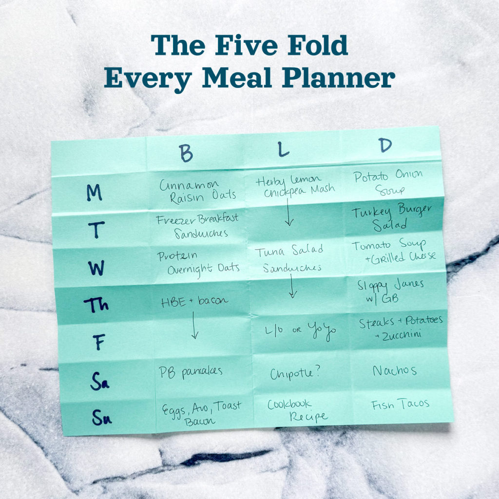 The Five Fold Meal Planner with text and a piece of folded paper with a 7 day meal plan.