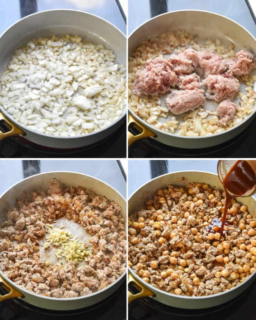 step by step of cooking the onions, ground meat, chickpeas and then adding sauce to make the Korean-Inspired Gochujang Meat And Beans.