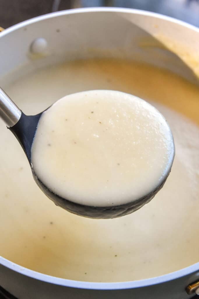 a ladle full of creamy potato onion soup.