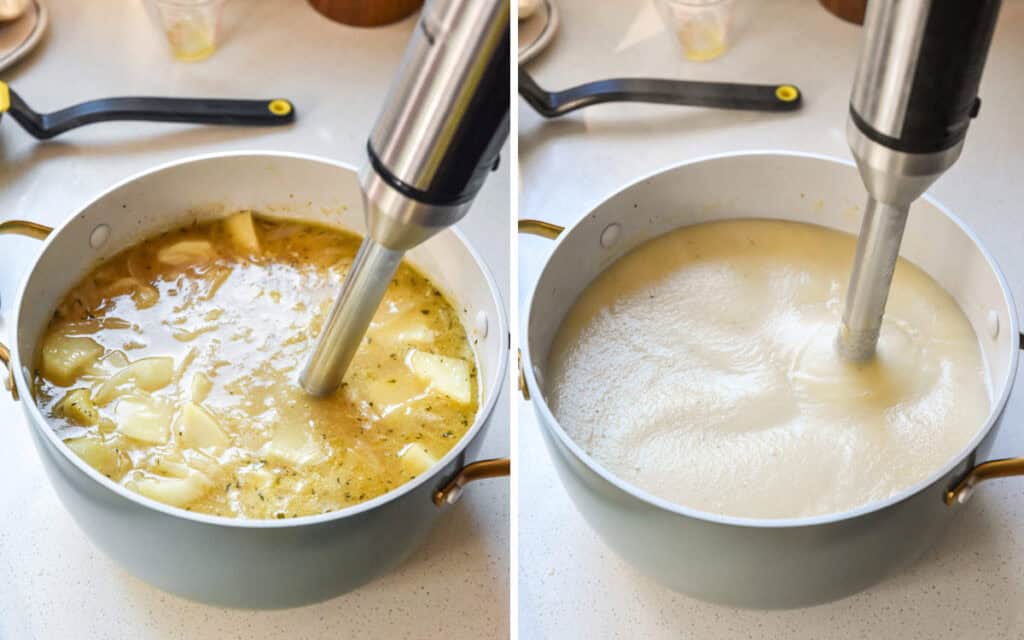 before and after blending the creamy potato onion soup with an immersion blender.