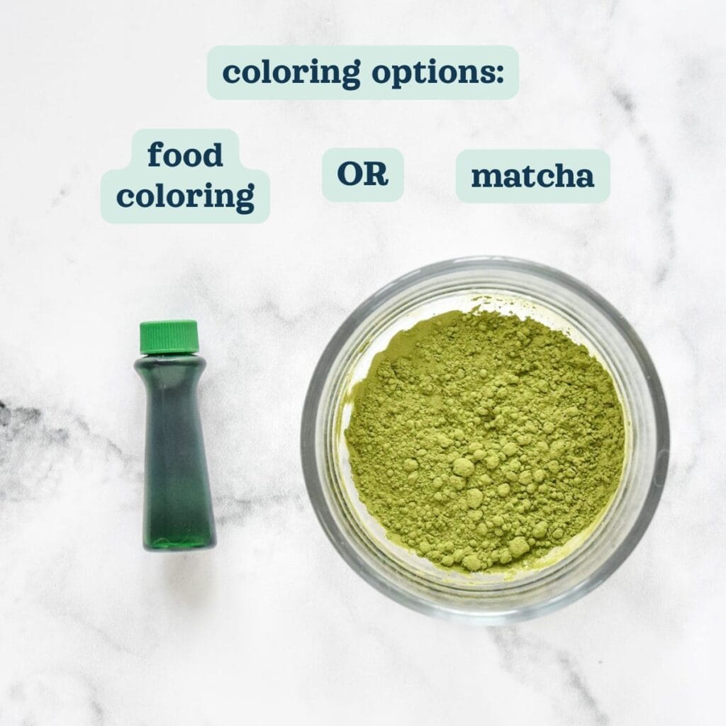 either green food coloring or matcha powder can color the treats green.