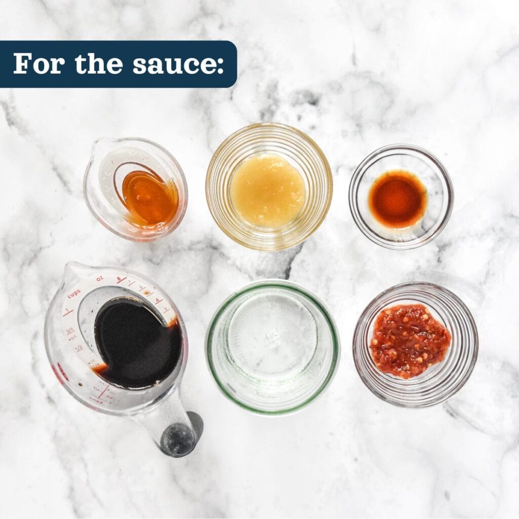 sauce ingredients in glass bowls before mixing together.