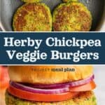 decorative pin image for herby chickpea veggie burgers.