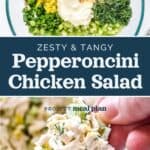 decorative pin image for zesty pepperoncini chicken salad.