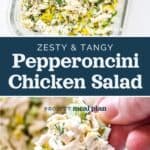 decorative pin image for zesty pepperoncini chicken salad.
