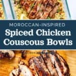 decorative pin image for moroccan inspired spiced chicken couscous bowls.