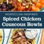 decorative pin image for moroccan inspired spiced chicken couscous bowls.