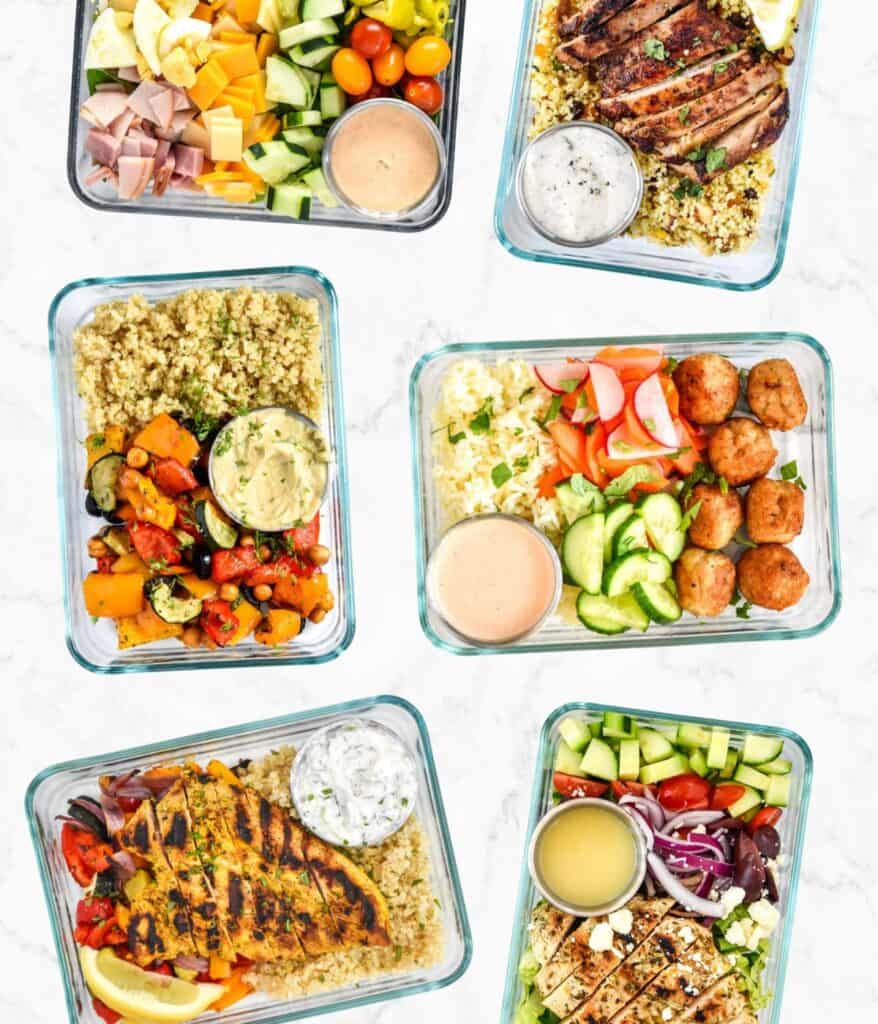 meal prep lunches with sauce cups included.