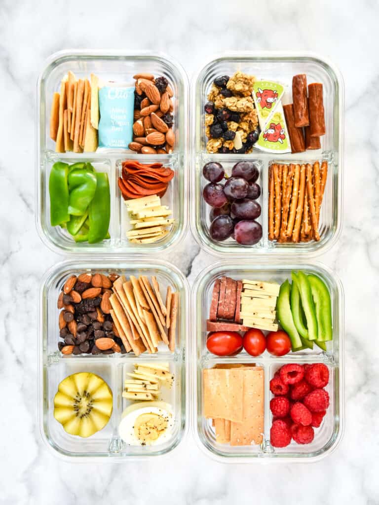 ideas for DIY adult lunchables in glass meal prep containers.
