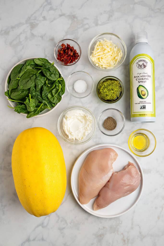 ingredients like squash, pesto and chicken breast on a counter before starting to cook the recipe.