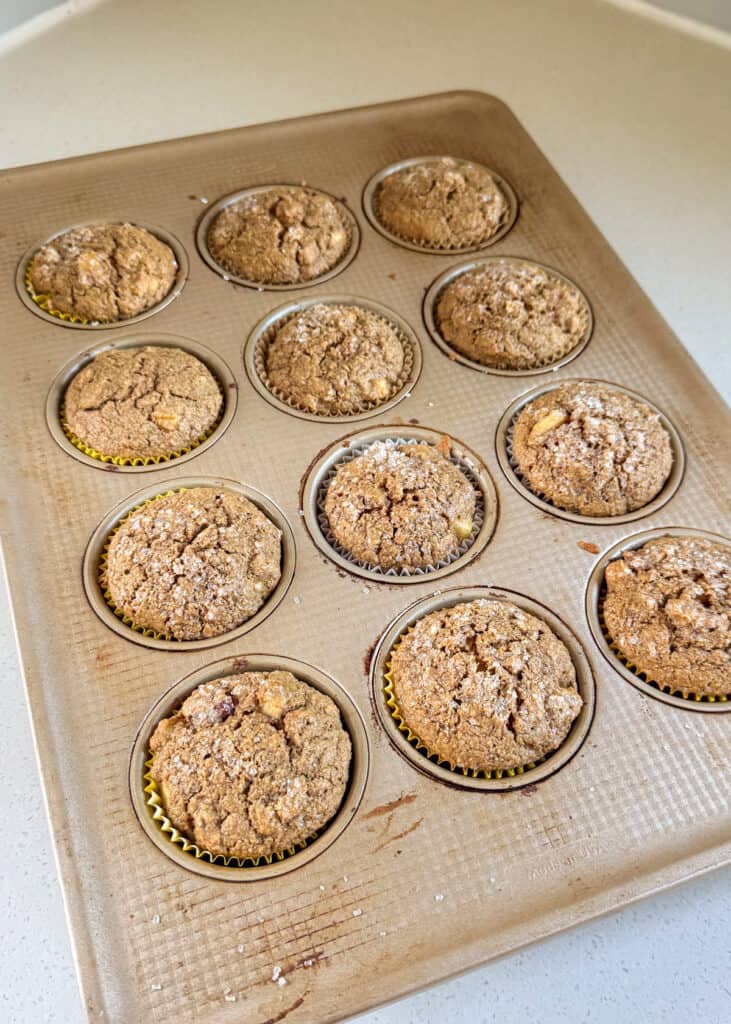 oatmeal applesauce blender muffins fresh baked in a muffin tin.